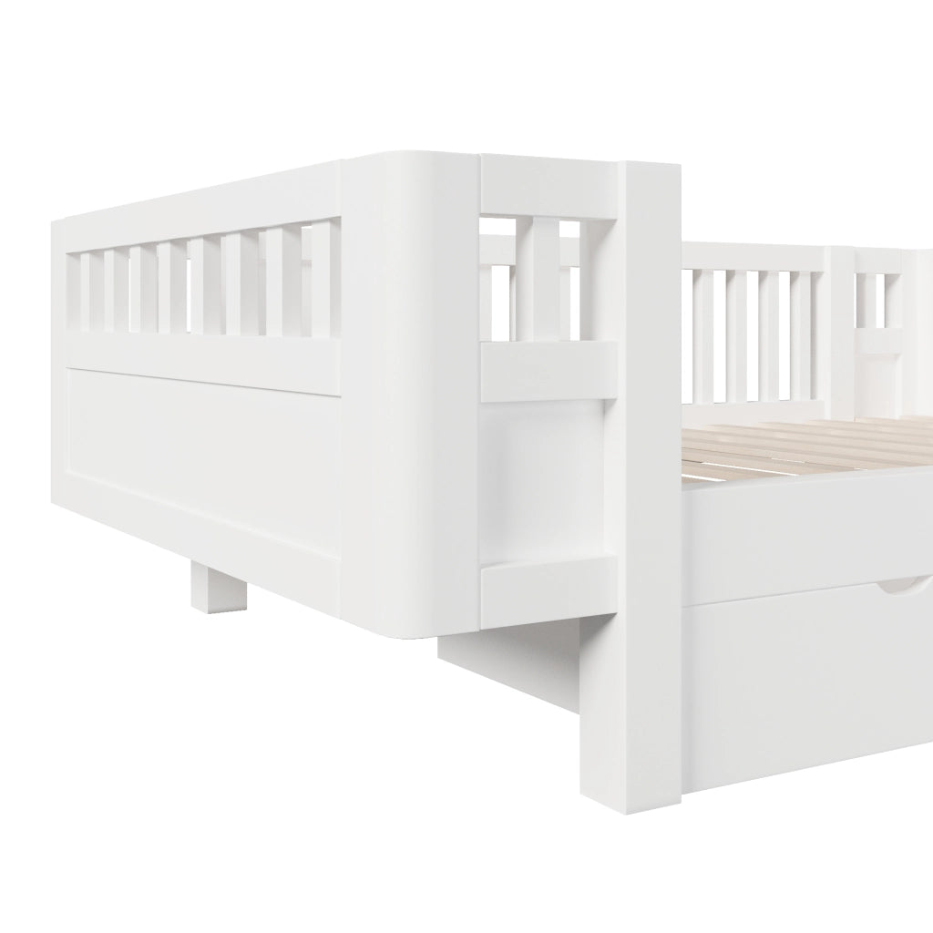 DESMIU Letto per bambini 90 × 200 cm con 2 cassetti e barriera di sicurezza, senza materasso, in legno massello, bianco