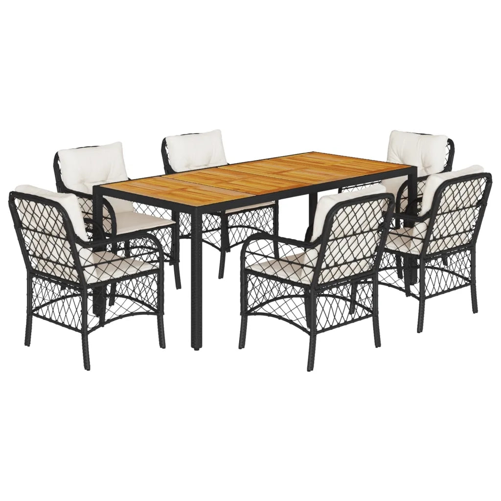 Set da Pranzo da Giardino 7 pz Nero con Cuscini in Polyrattan