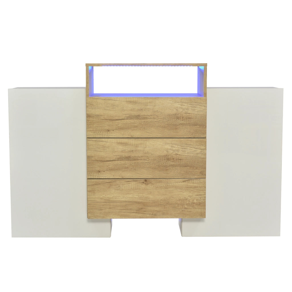Credenza Moderna con LED ¨C MINIMAL ¨C Bianco Lucido e Legno 140cm