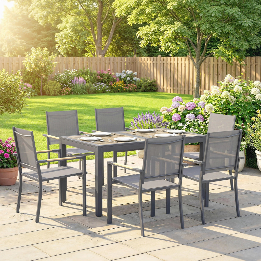 Set Giardino 7 Pezzi Tavolo Legno Effetto 6 Sedie Pieghevoli ¨C zephmum ¨C 140x80x72 Grigio