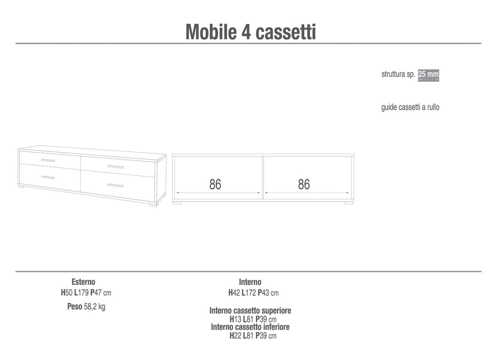 Mobile Basso 4 Cassetti 179x50x47 cm Noce Stelvio/Ossido Bianco