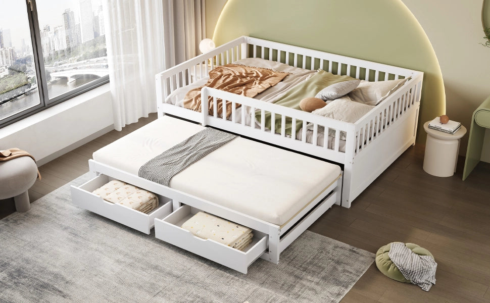 DESMIU Letto 140 × 200 cm con letto estraibile, 2 cassetti, senza materasso, in legno, bianco