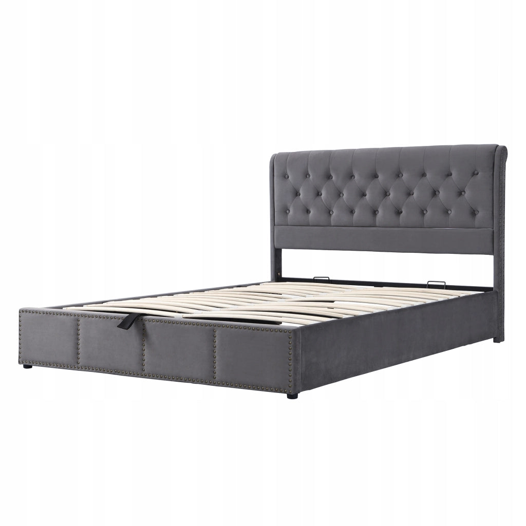 Letto 140x200 cm - Xylo - Velluto, Idraulico, Rivetti, Grigio