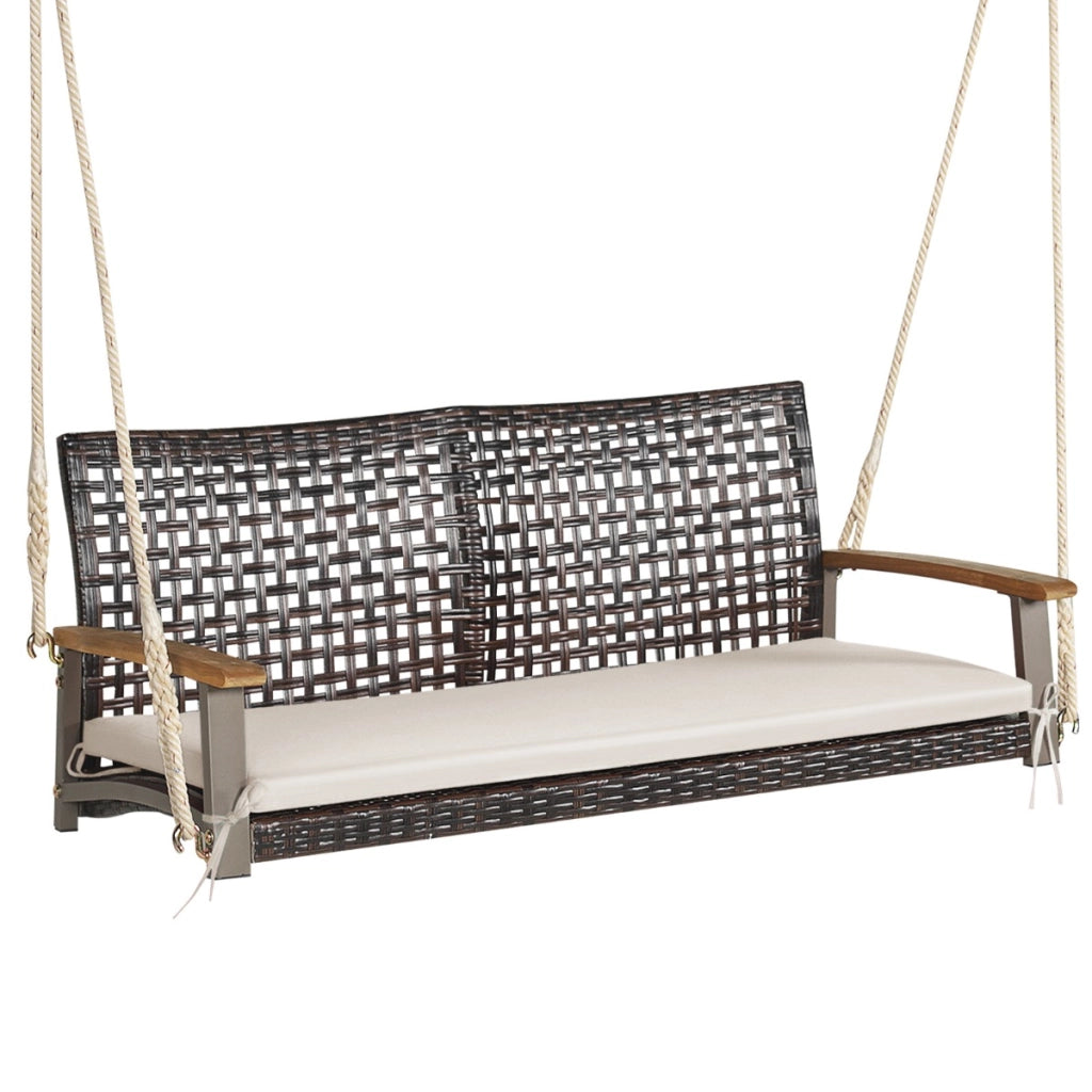 Sedia dondolo in rattan a 2 posti con cuscino e braccioli in legno di acacia, Panchina dondolo in vimini Beige