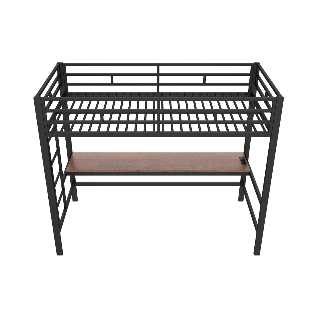 OKWISH Letto a Soppalco 90×200 cm, Letto Singolo con Scrivania, USB, Tipo-C, Presa e LED Regolabile, senza Materasso, Metallo, Nero