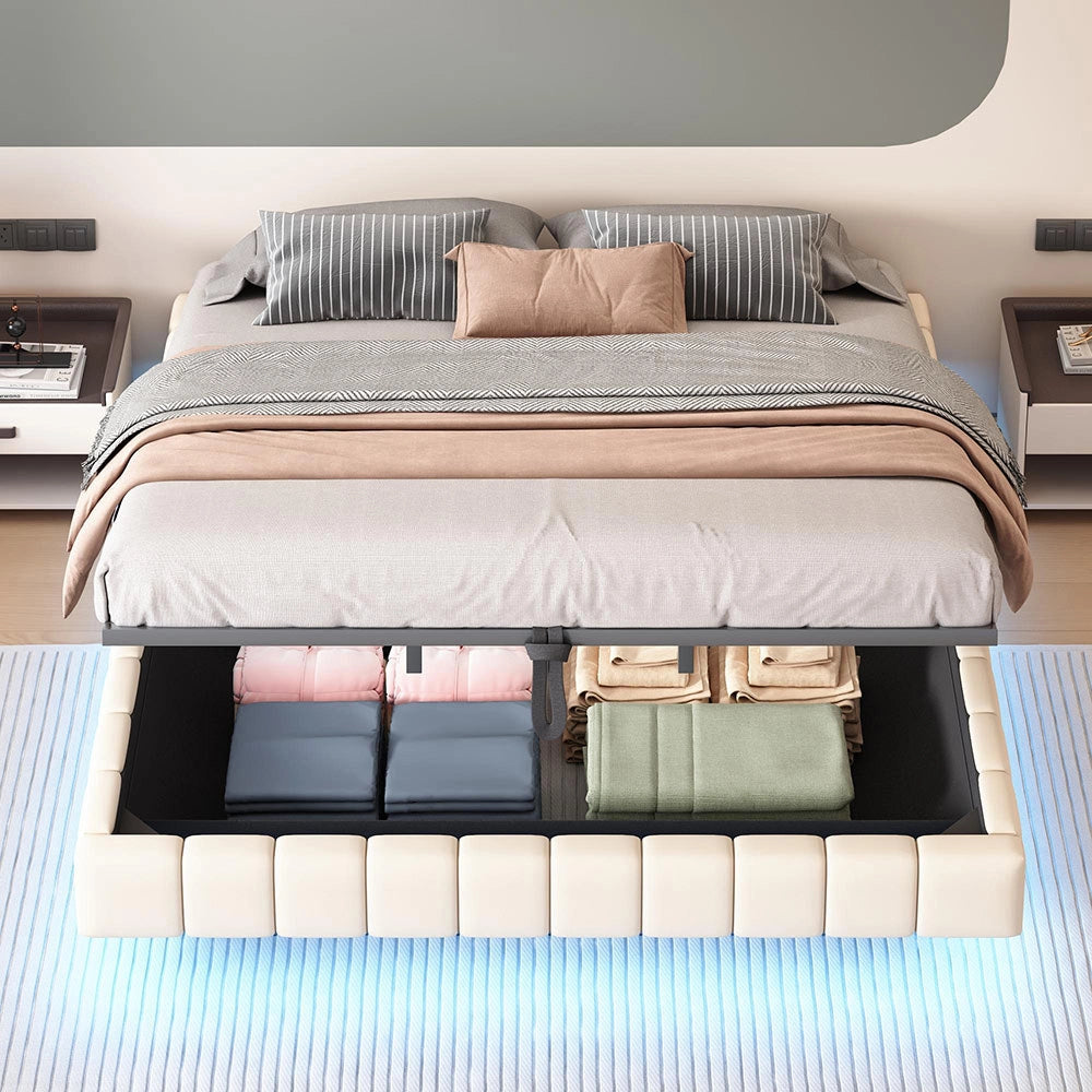 Letto-Xylo-180x200 cm-idraulico, LED, senza testiera, lino beige