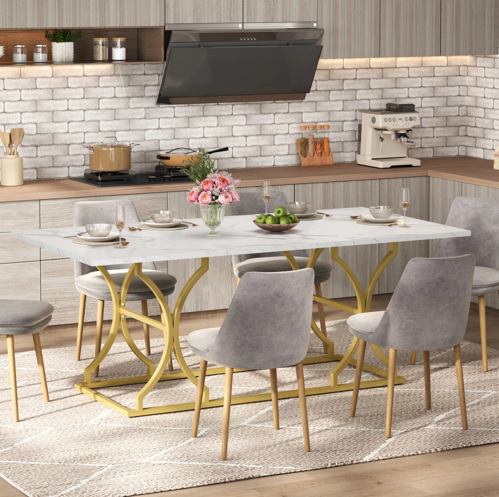 Tavolo da pranzo 200x80x76 cm; effetto marmo; resistente ad acqua e graffi; MDF; bianco oro