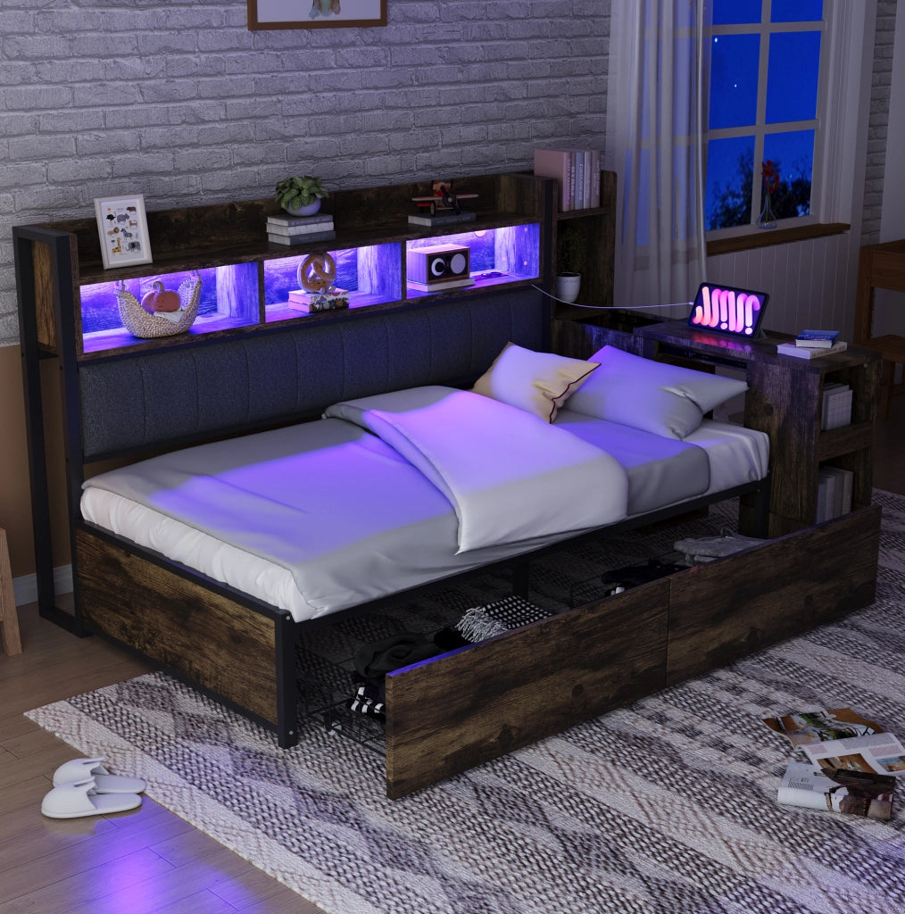 Letto singolo multifunzione 90x200 cm in metallo e legno; color legno naturale; con scrivania e vani contenitore