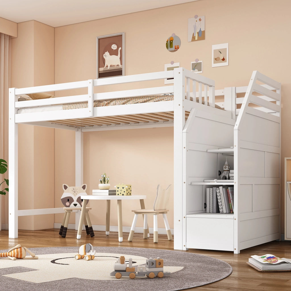 Hochbett per bambini 90x200 cm, in legno di pino, con sponde di protezione, scala con contenitore, rete a doghe, bianco