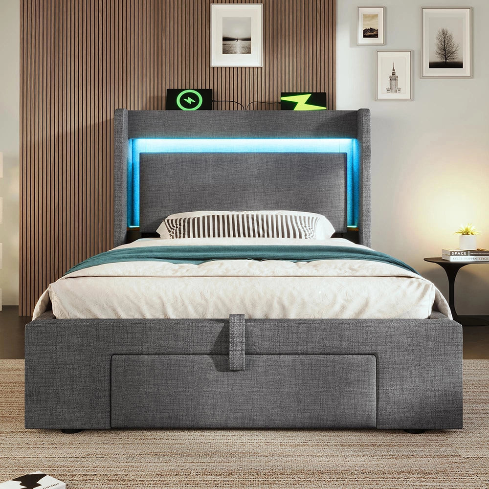 Letto imbottito 90x200cm - Xylo - Grigio lino, spazio idraulico, testiera con LED/USB, materasso incluso