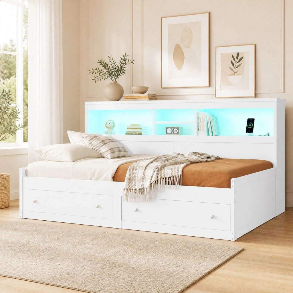 Letto daybed 90x200 cm con LED, USB e 2 cassetti