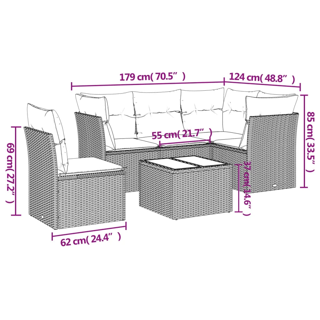 Set Divano da Giardino 6 pz con Cuscini Beige in Polyrattan