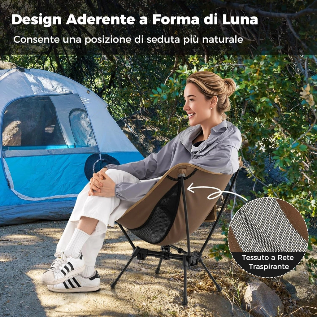 Sedia da Campeggio Portatile, Sedia Ergonomica Pieghevole da Zaino con Borsa da Trasporto, Poltrona da Esterno per Escursionismo, Spiaggia e Picnic, Portata 150 kg