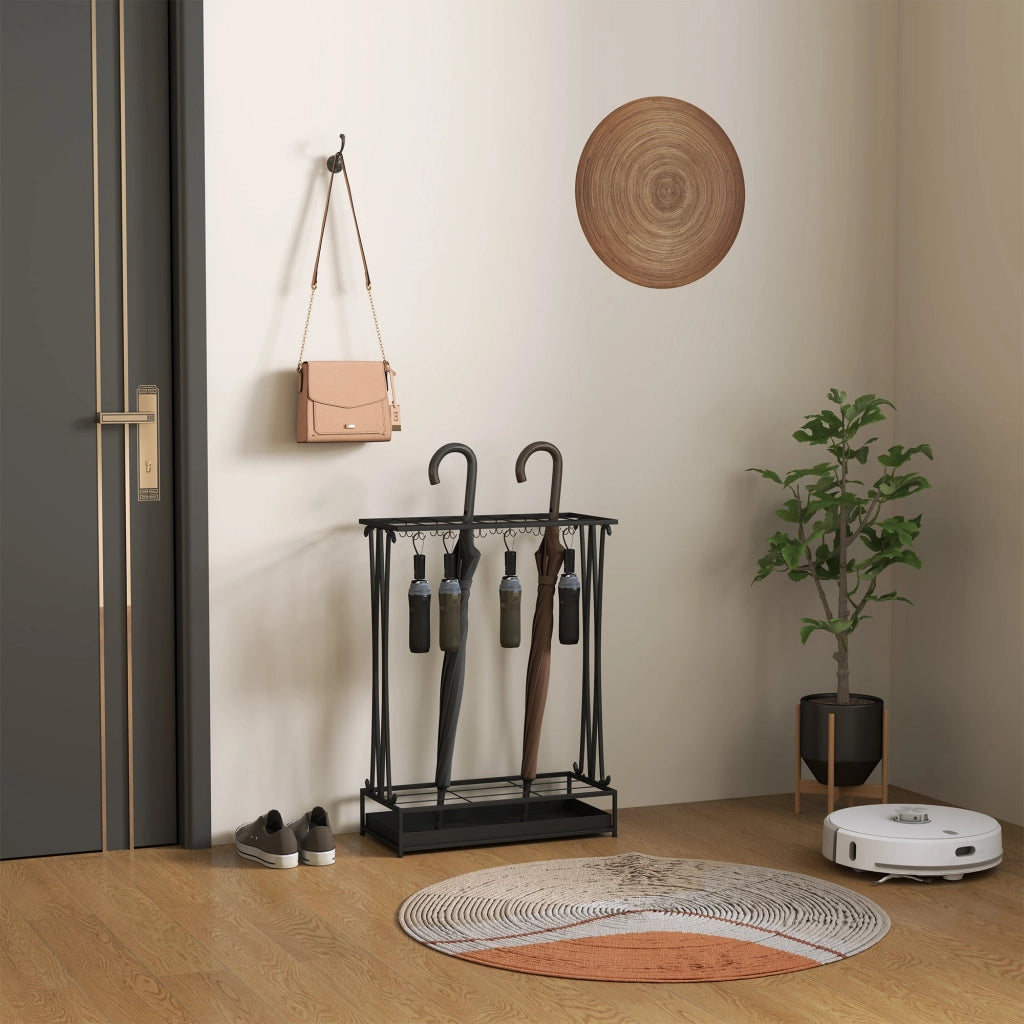 Portaombrelli 50x24x68 cm con Vaschetta per l'Acqua 21 Fori e 24 Ganci in Acciaio Nero