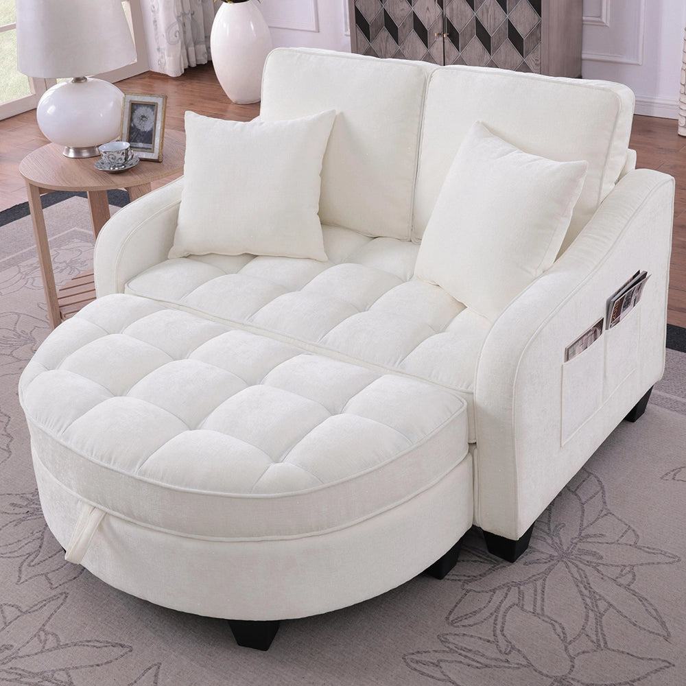 Divano multifunzione 2 in 1 - Xylo - Con pouf, legno eucalipto, beige