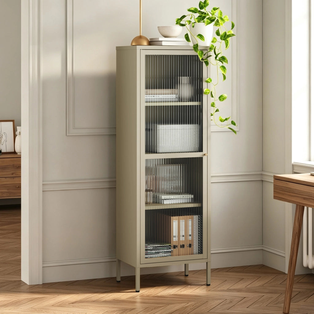 Armadio a Vetrata Säkylä con 4 Scomparti 150 x 50 x 35 cm in Acciaio - Color Cammello [en.casa]