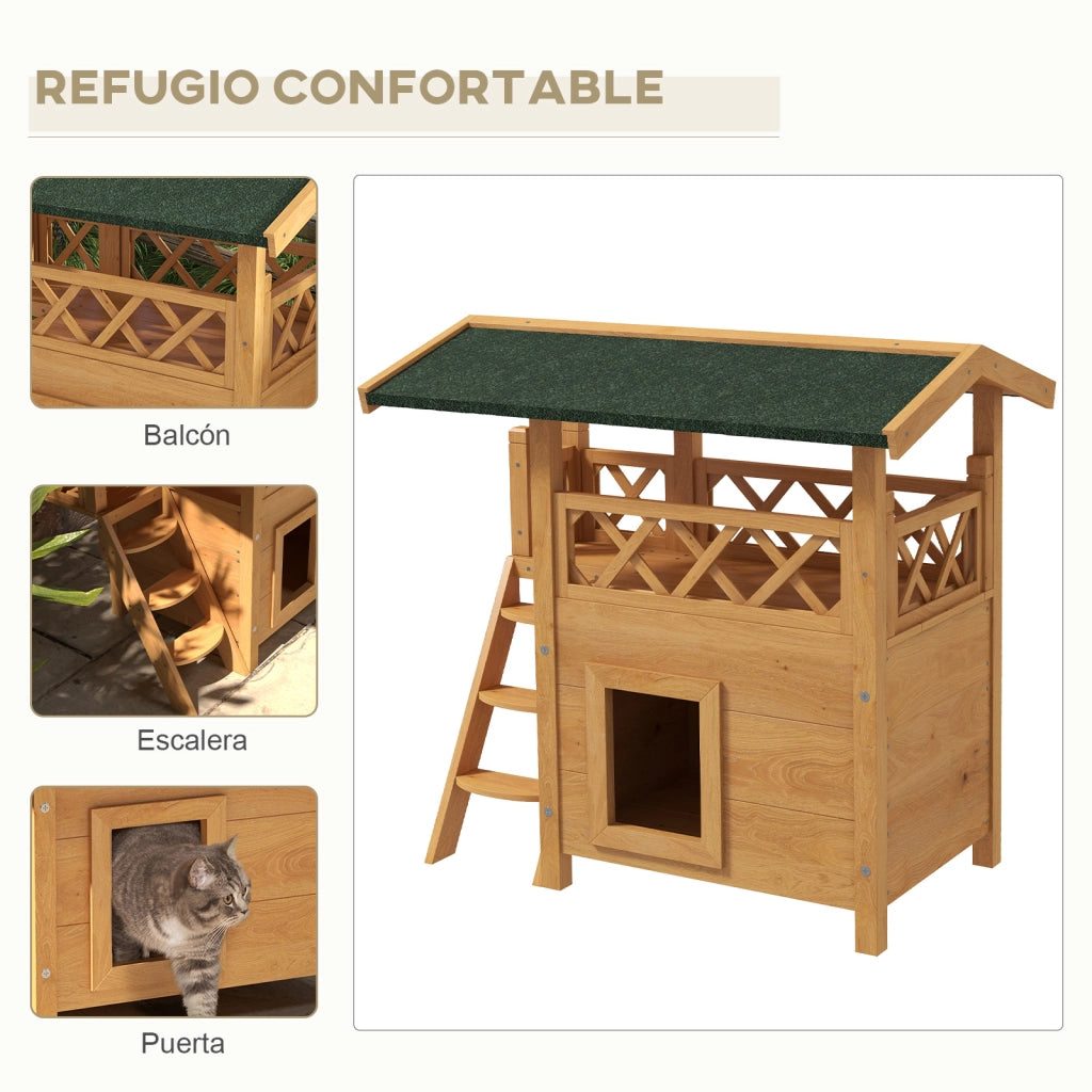 Casetta per Gatti 2 Piani con Tetto Balcone Scala ¨C Xylo ¨C Legno Naturale 77x50x73cm