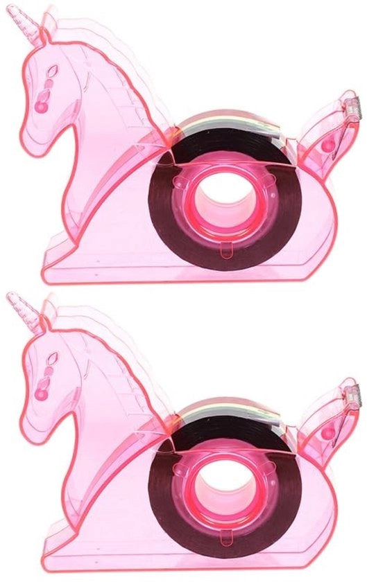 Due pezzi di dispenser adesivo con disegno unicornio, dispenser adesivo compatta e pratica per ufficio, scuola e casa, molteplice supporto per adesivo da scrivania, leggero e portatile.