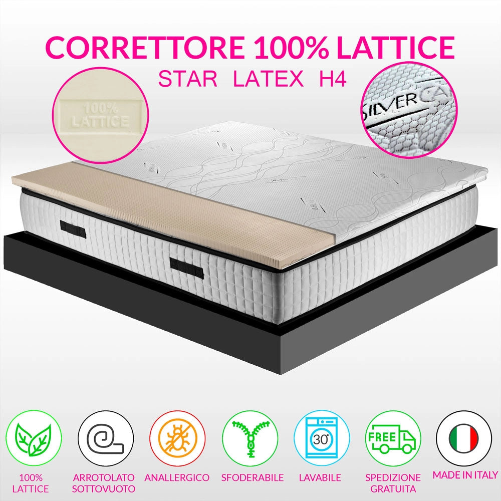 Topper lattice, sopramaterasso in 100% LATTICE ANALLERGICO, Alto 4 cm con tessuto antimicrobico sfoderabile 4 lati con filo in ARGENTO - STAR LATEX singolo 90x195