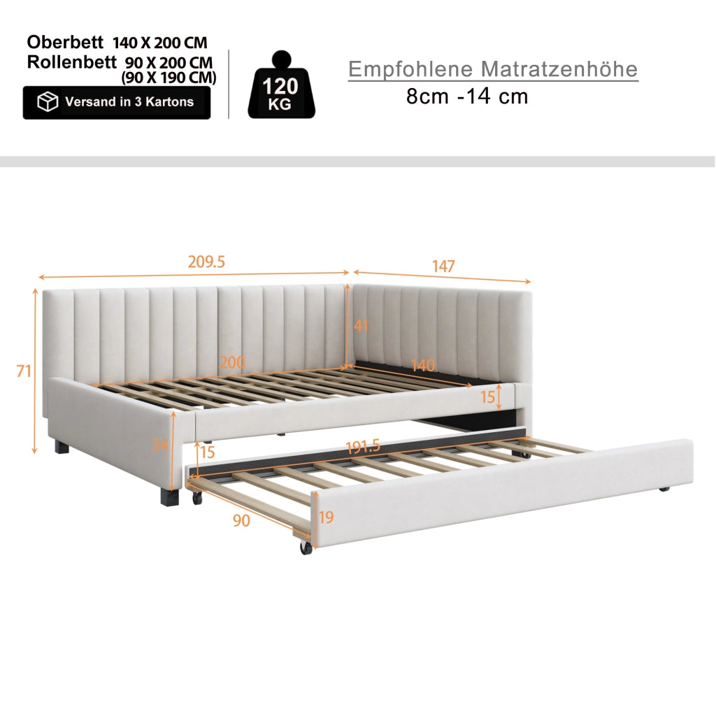 DESMIU Divano letto estraibile 140 × 200 cm 2 posti con letto supplementare, senza materasso, in velluto, beige