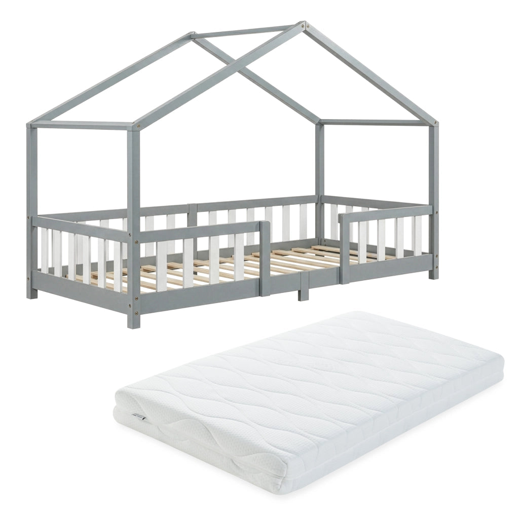 Letto per Cameretta Treviolo a Forma di Casetta in Stile Montessori con Materasso 90x200 cm - Grigio Chiaro/Bianco [en.casa]