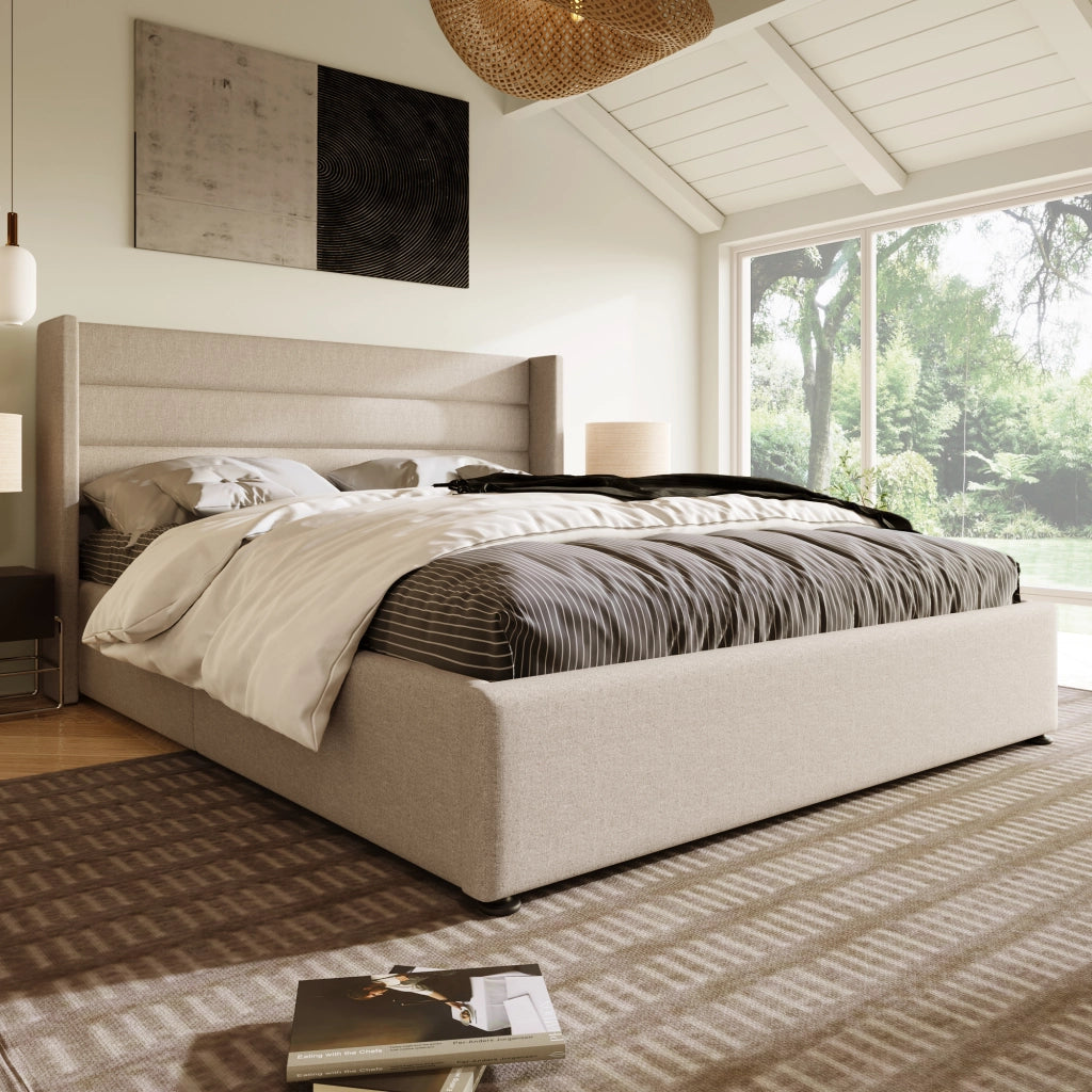 DESMIU Letto Contenitore Letto Matrimoniale con vano idraulico, 180 × 200 cm, senza materasso, lino, beige