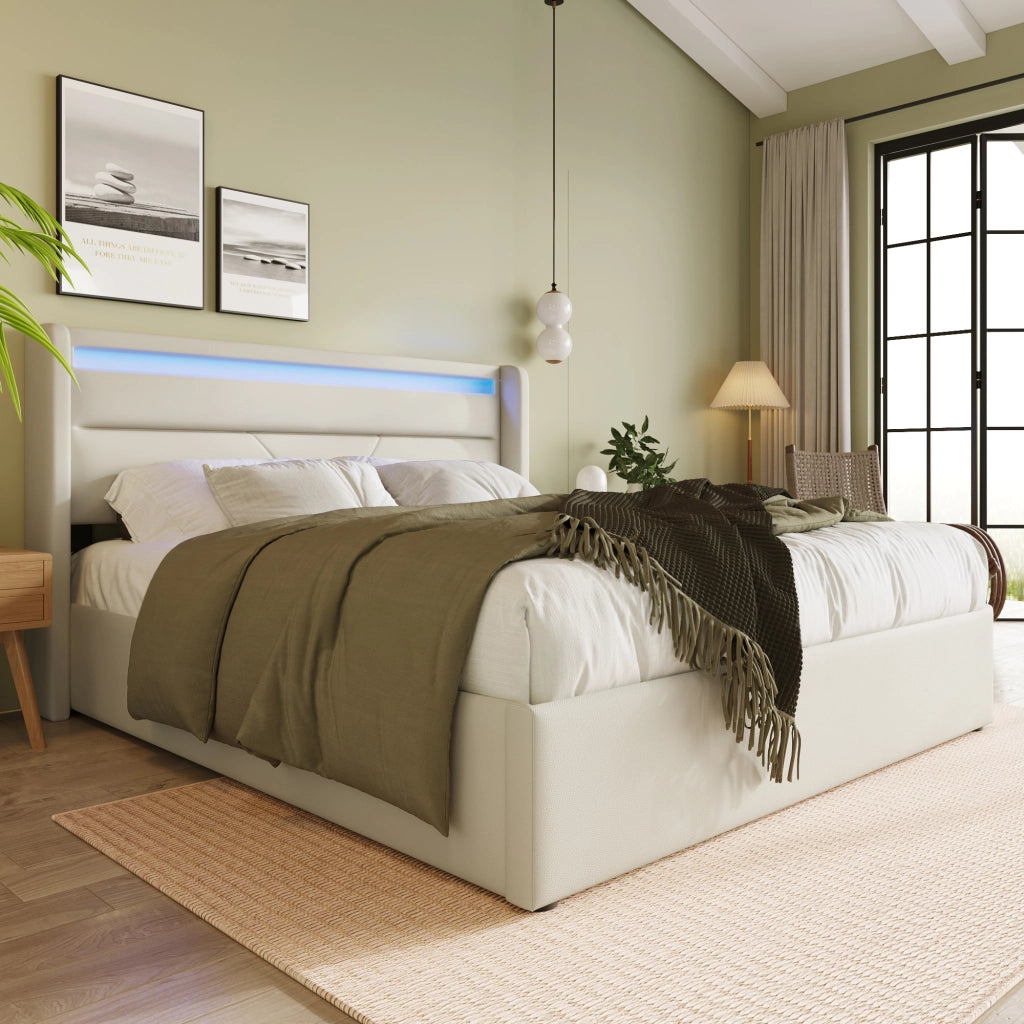 LETTO Contenitore 160x200 cm PU Bianco con LED e telecomando