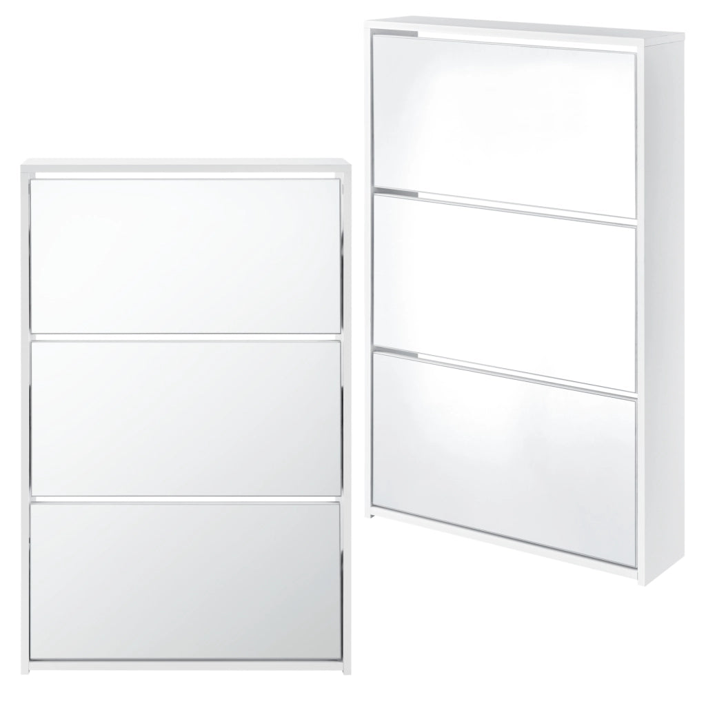 Scarpiera Vogar con 3 Contenitori Ribaltabili Mobile Portascarpe con Ante a Specchio 103x63x17 cm Bianco [en.casa]