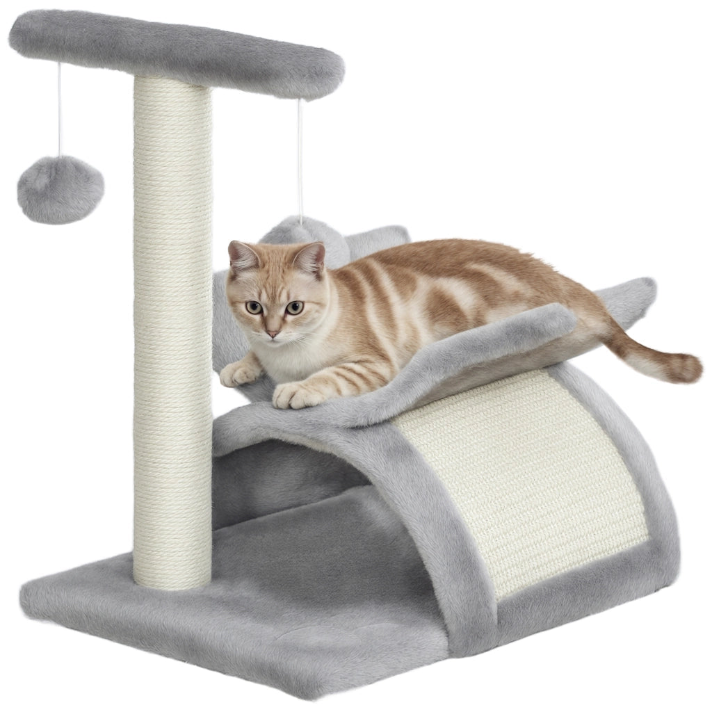 Albero Tiragraffi per Gatti in Peluche con Palo in Sisal, Cuccia e 2 Palline, 40x30x43cm, Grigio