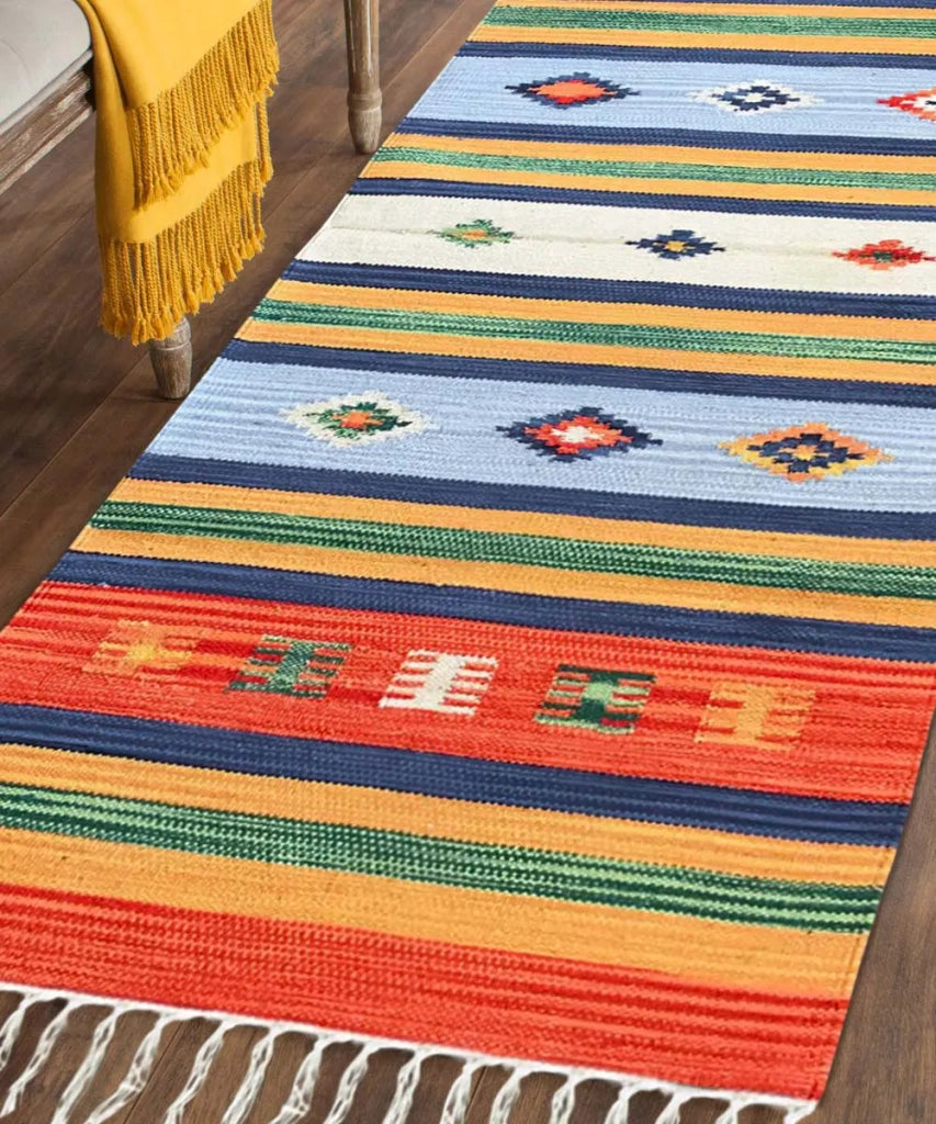 Tappeto KELIM 06 disegni etnici orientali colori vivaci cm.90x150 tessuto e frangia 100% cotone, lavabile in lavatrice