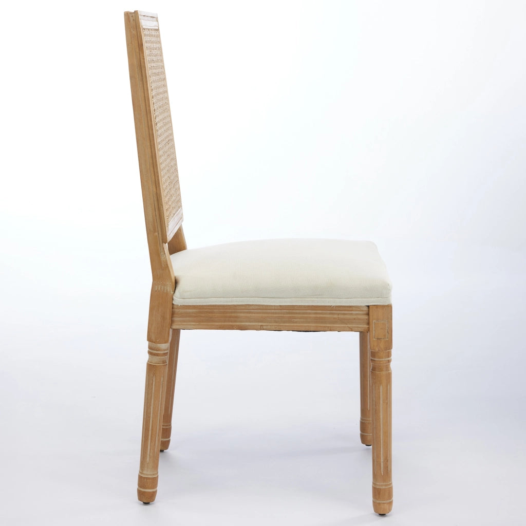 Set di 2 sedie da pranzo in stile rustico francese, struttura in legno massello anticato, schienale quadrato in rattan intrecciato, seduta rivestita i