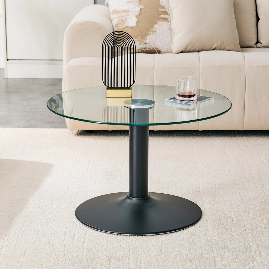 Tavolino rotondo in vetro ca. 70 cm con struttura in metallo, design moderno per soggiorno, colore nero