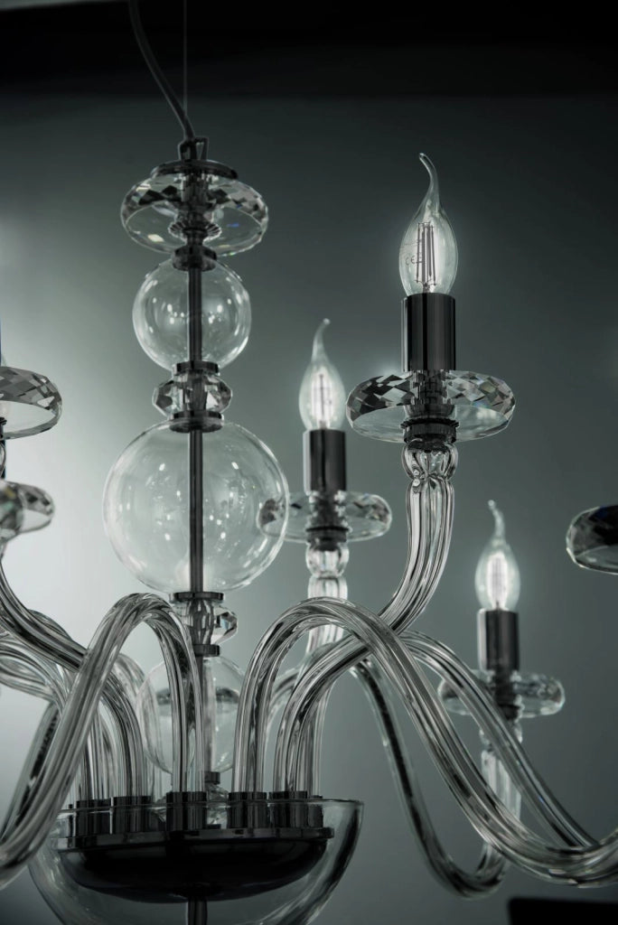 LAMPADARIO BACH 12 LUCI CRISTALLO E FINITURA CROMO ATTACCO E14