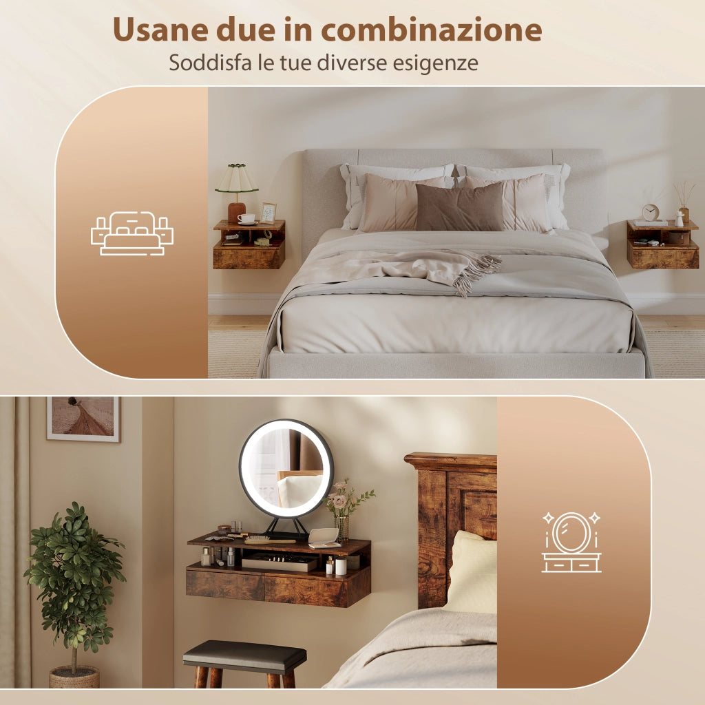 Comodini Sospesi con Cassetto e Mensola ¨C zephmum ¨C Marrone Rustico 35x32x22.5 cm