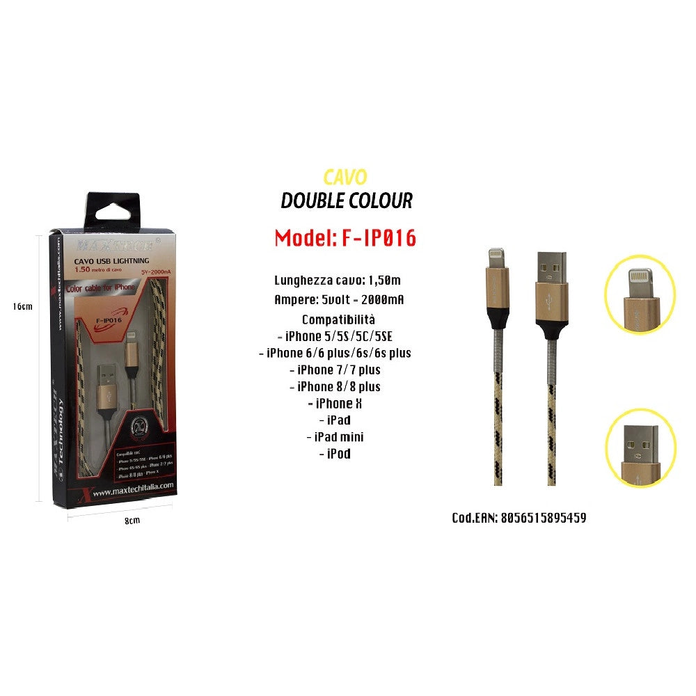 Trade Shop - Cavo Usb Double Colour Iphone Ipad Ipod 5volt - 2000ma 1,50 Mt Maxtech F-ip016 -