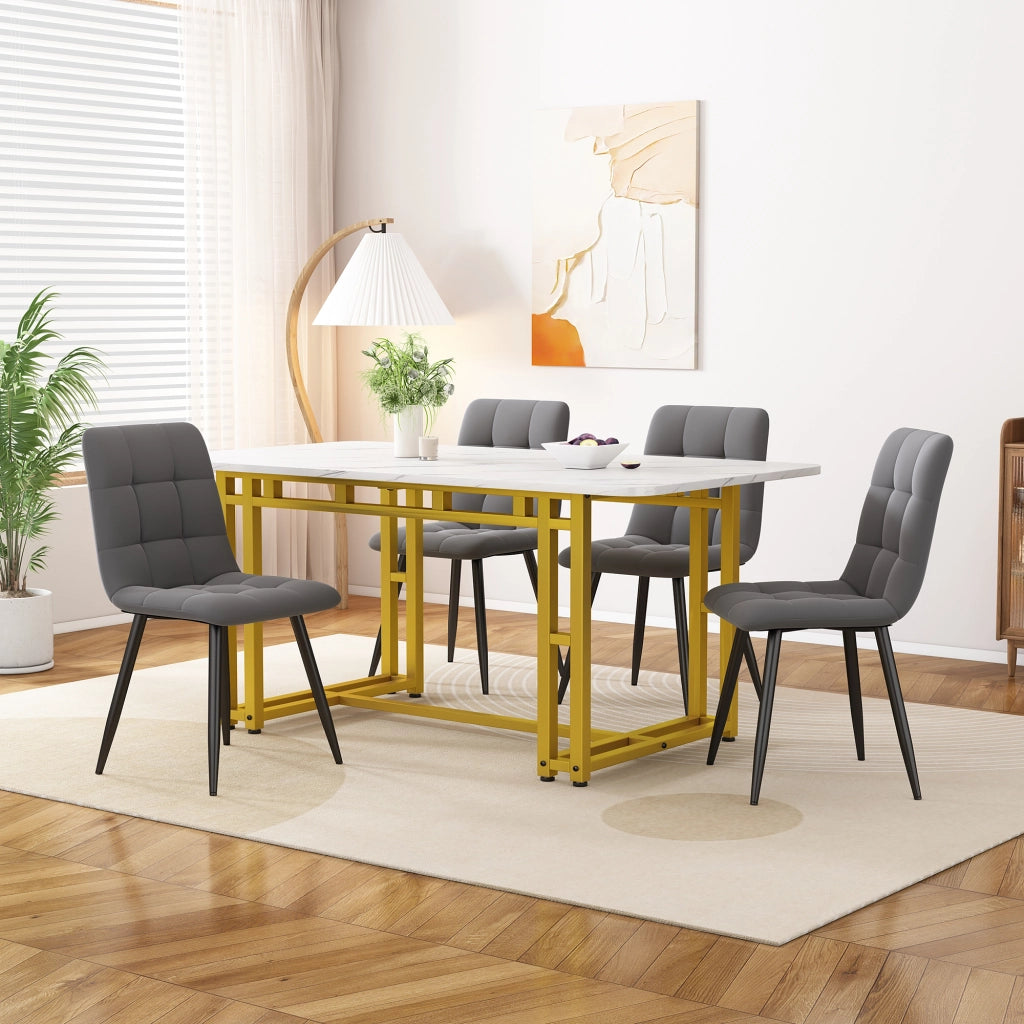 Set Tavolo da Pranzo con 4 Sedie ¨C Xylo ¨C Piano Dorato, Gambe Metallo, Seduta Velluto Grigio Scuro, 120x70