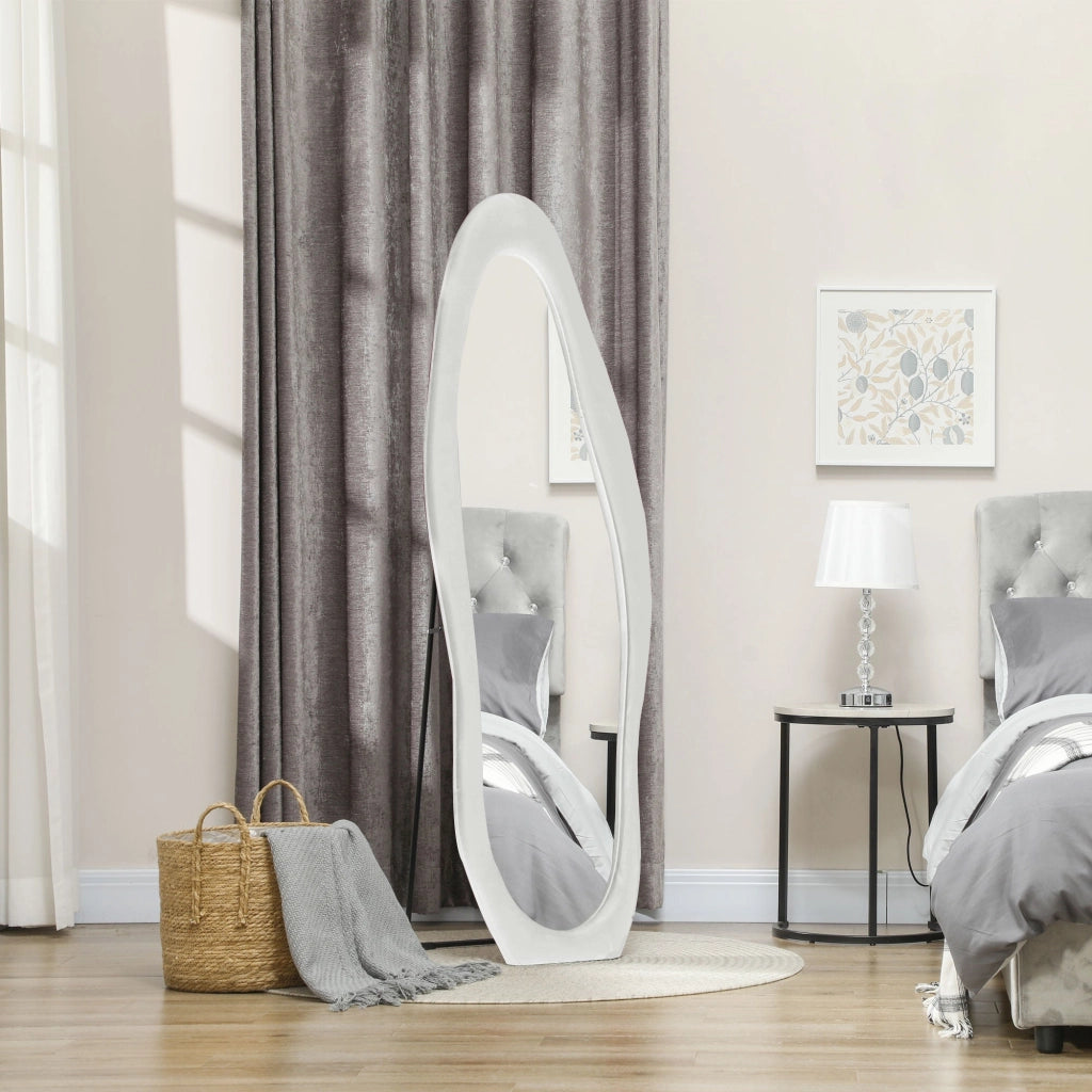 Specchio da Parete o da Terra Autoportante a Figura Intera con Cornice Ondulata in Velluto 160x50 cm Bianco
