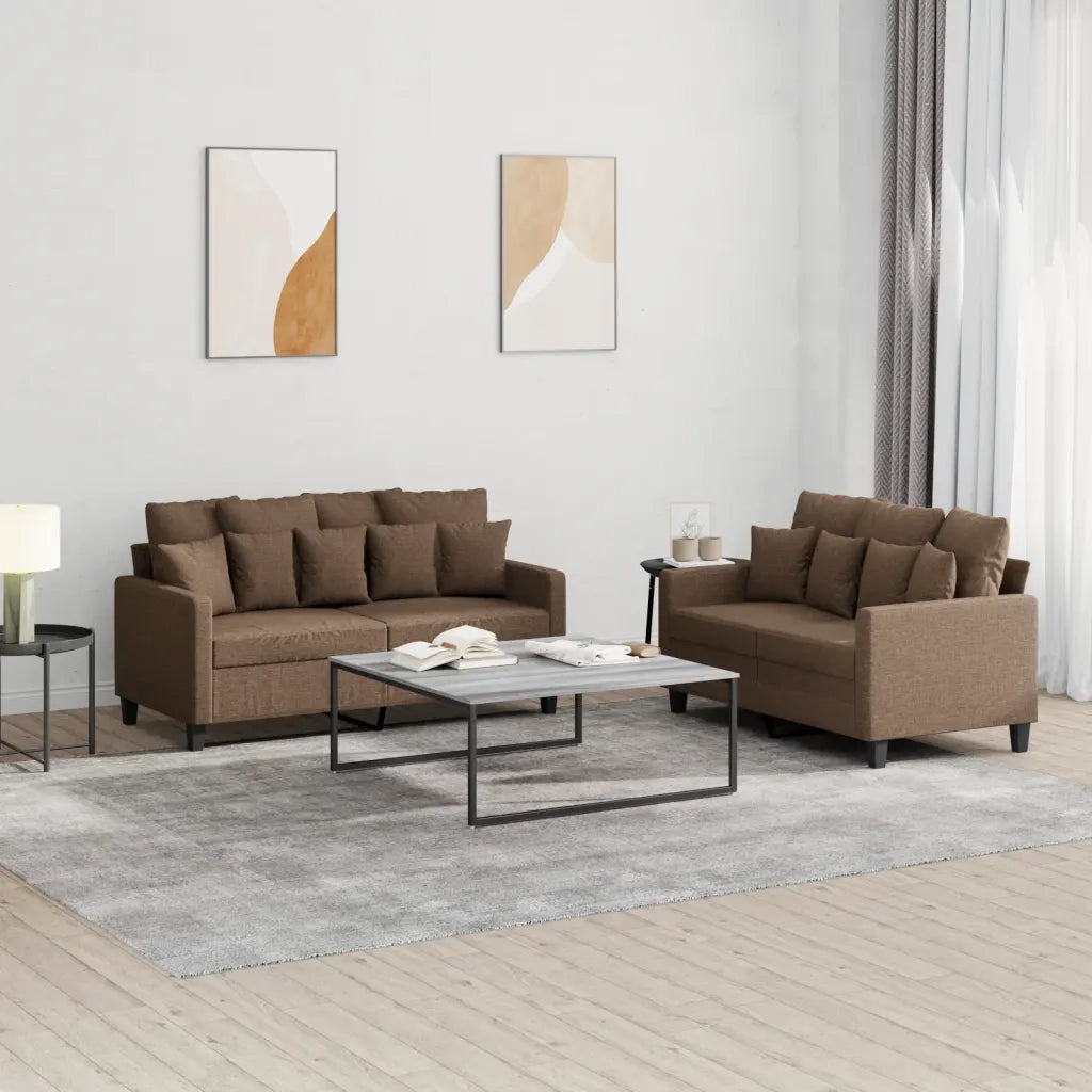Set di Divani 2 pz con Cuscini Marrone in Tessuto