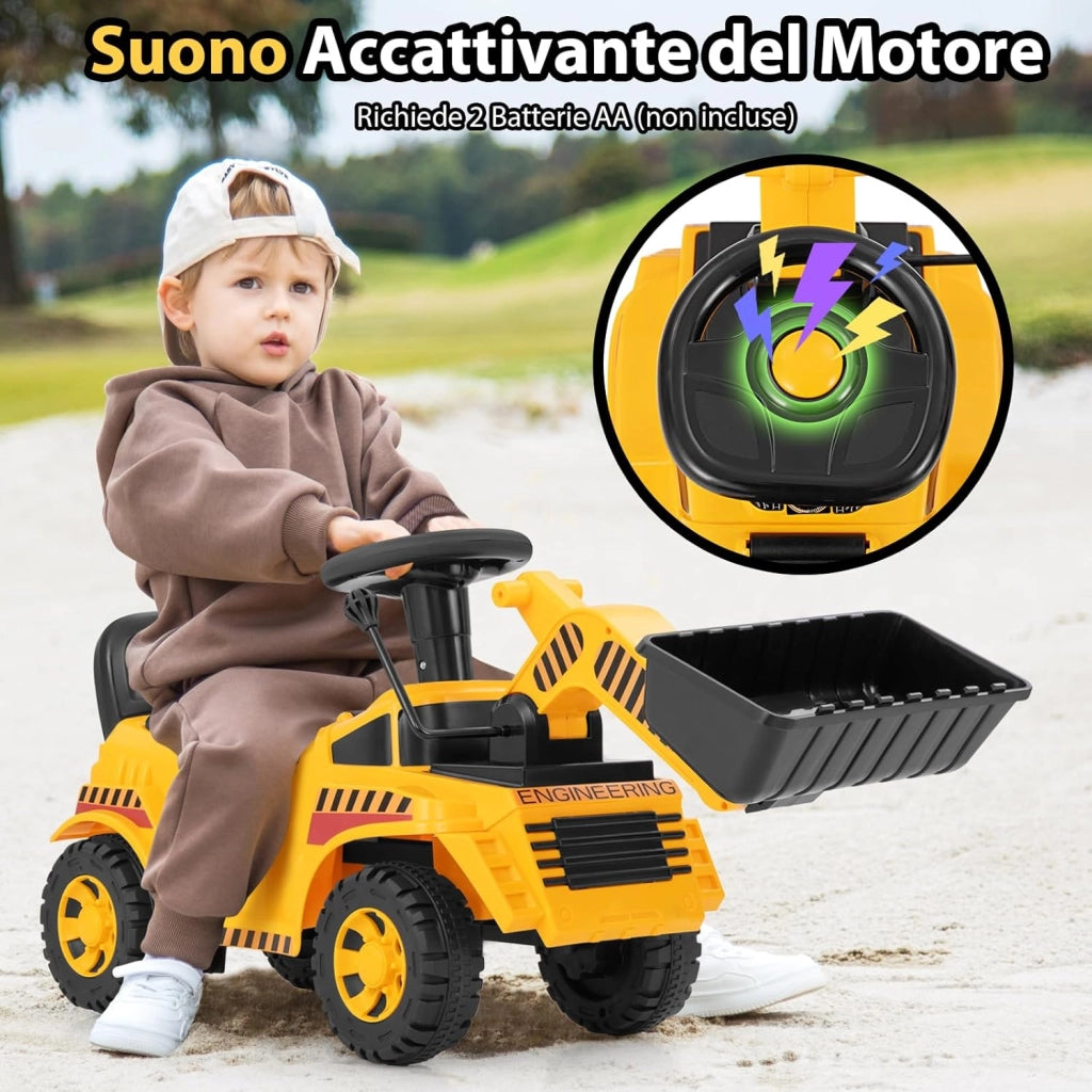 Bulldozer a Spinta per Bambini, Giocattolo Escavatore con Benna Regolabile Suono e Spazio di Stoccaggio, Blocco Antiribaltamento, Veicolo da Costruzione per Bambini 19-36 Mesi