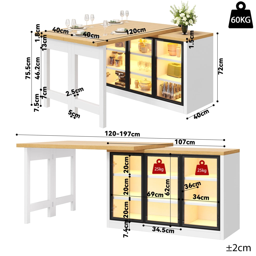 Tavolo allungabile con credenza laterale e luci multicolore, bianco