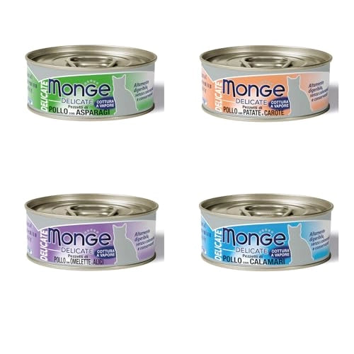 Monge delicate scatolette umido gatto 80g. Confezione risparmio 80g X 24 size: 80g, flavor: POLLO CALAMARI