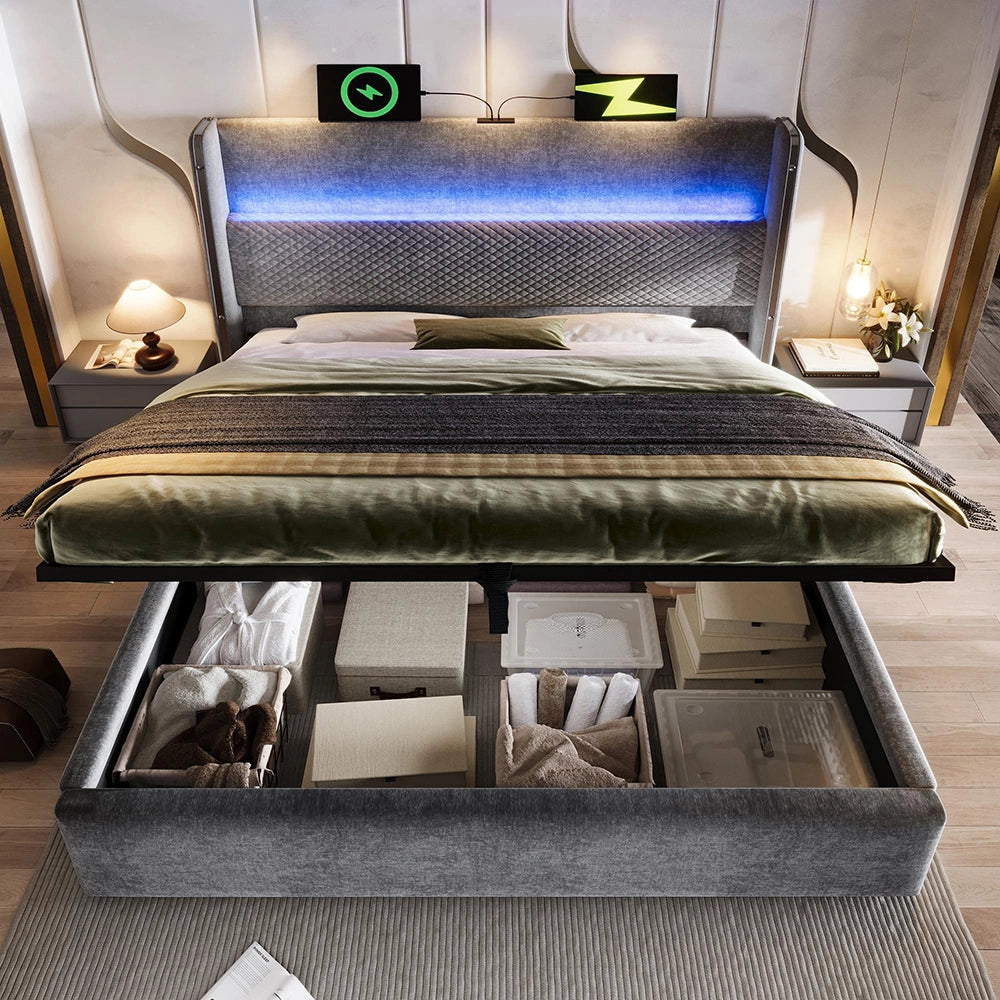 Letto 140x200cm?- Xylo - idraulico LED USB lino grigio