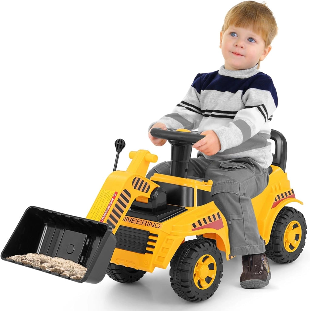 Bulldozer a Spinta per Bambini, Giocattolo Escavatore con Benna Regolabile Suono e Spazio di Stoccaggio, Blocco Antiribaltamento, Veicolo da Costruzione per Bambini 19-36 Mesi