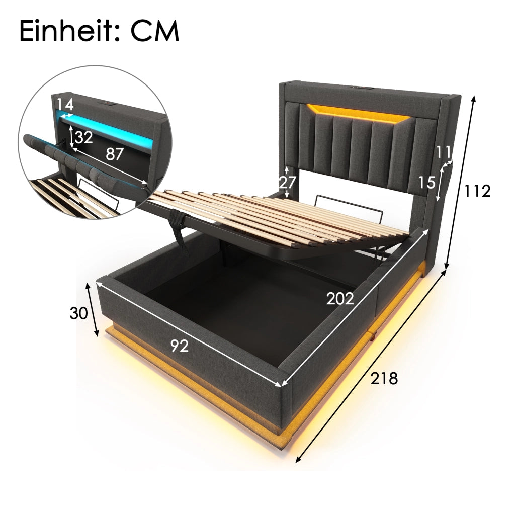 LETTO imbottito 90x200 cm con LED, USB e vano contenitore in lino grigio
