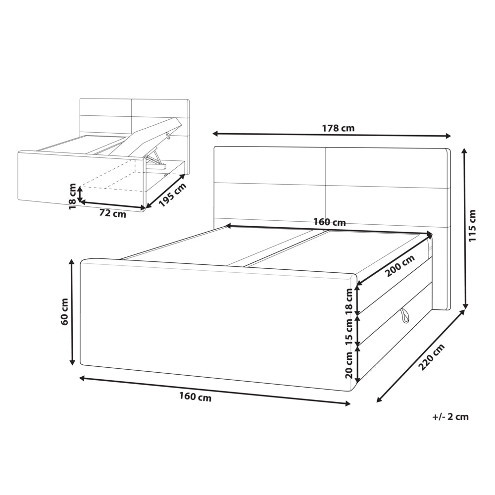 Divano letto king size UE con contenitore 160 x 200 Tappezzato grigio chiaro con materasso a molle Bonell
