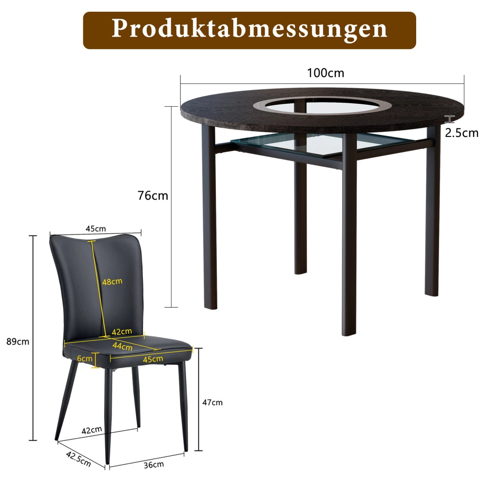 Set tavolo da pranzo e sedie con 1 tavolo rotondo e 4 sedie; ripiano in vetro; in MDF; vetro; metallo e PU nero