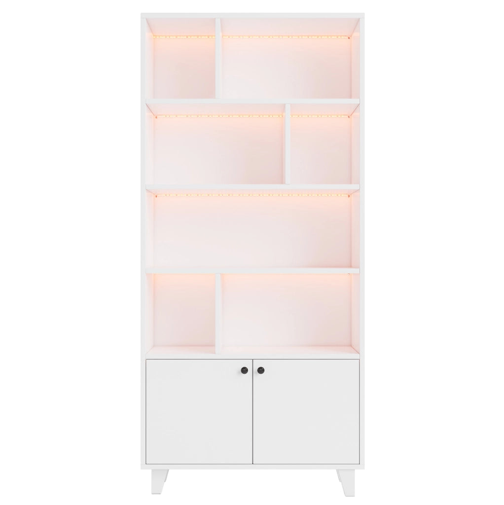 Libreria 80x30x173 cm con LED controllata tramite app e ante doppie in MDF e legno bianco