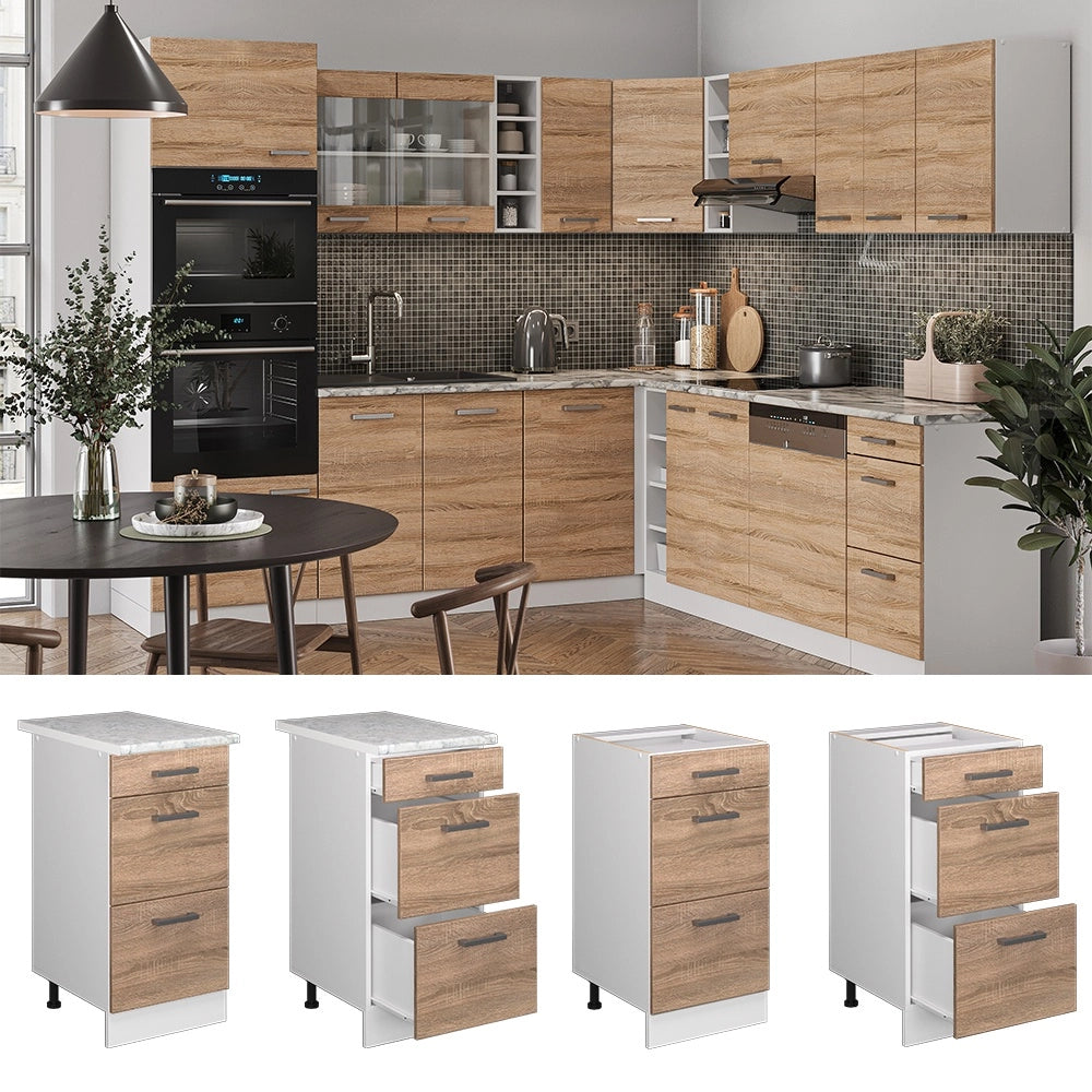 Mobiletto base per cucina R-Line Sonoma/Bianco 40 cm con cassetti, PL Antracite Vicco