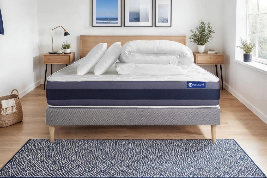 Pacchetto letto completo - Materasso 140x200cm + Box spring con doghe (in kit) + 2 cuscini + Piumino - Actiflex Morpho