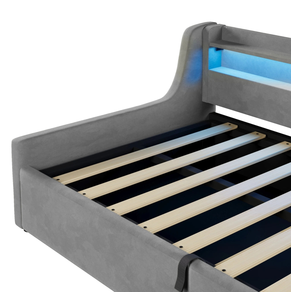 Letto imbottito 90x200 cm con contenitore e testiera LED grigio